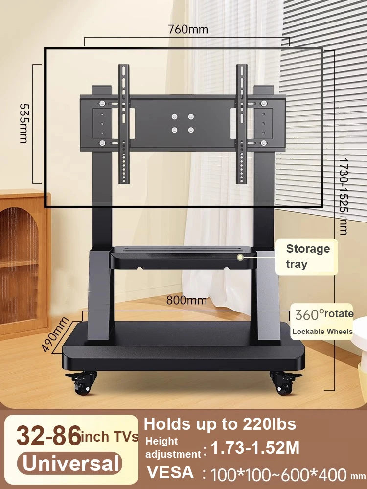 Soporte de TV móvil para televisores de 32-86", carrito de TV inclinable con capacidad de hasta 100 kg, soporte portátil con estante de almacenamiento, ruedas, VESA 700x500 mm