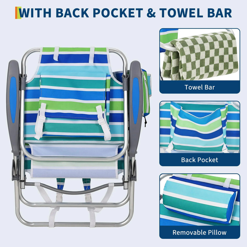 Paquete de 2 sillas de playa altas con mochila, silla de camping plegable plana, ligera, portátil, para exteriores, con bolsa nevera y portavasos