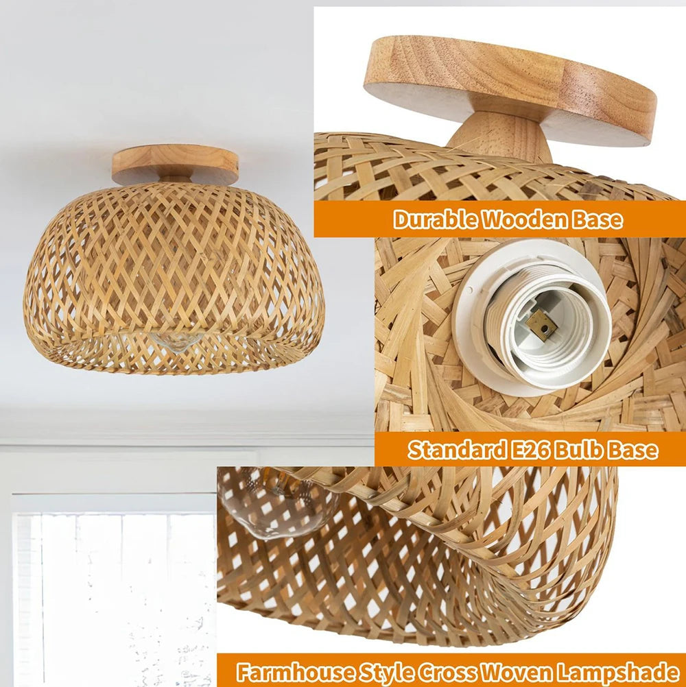 Lámparas de techo de bambú tejidas a mano de 30cm, lámpara de techo colgante LED, candelabro de mimbre, artesanía tejida a mano para decoración del hogar y dormitorio