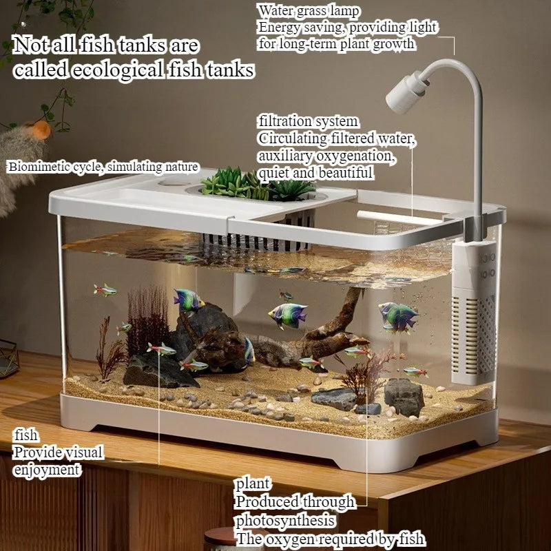 Acuario doméstico pecera de sala de estar de escritorio, tanque de circulación ecológica integrado con oxigenación y filtro, con tapa.