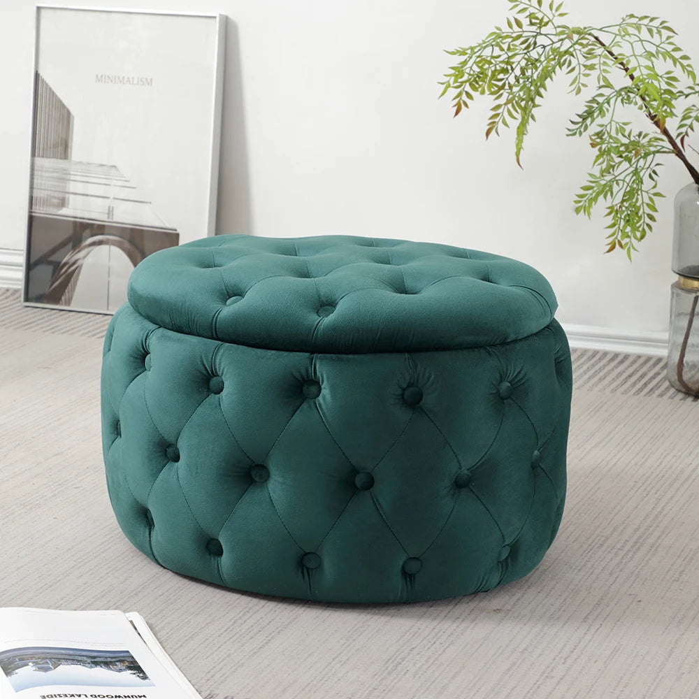Puf otomano ovalado de terciopelo con capitoné moderno - Taburete reposapiés multifuncional con espacio de almacenamiento oculto para sala de estar o dormitorio
