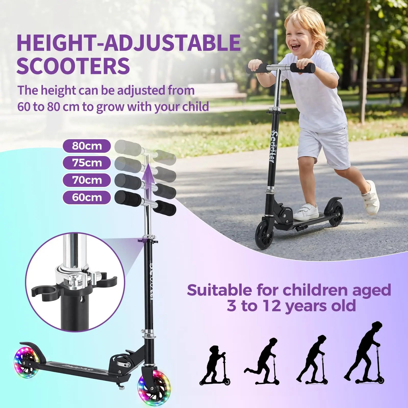Patinete infantil con ruedas LED iluminadas, altura ajustable, plegable, ligero, patinete para niños y niñas de 3 a 12 años