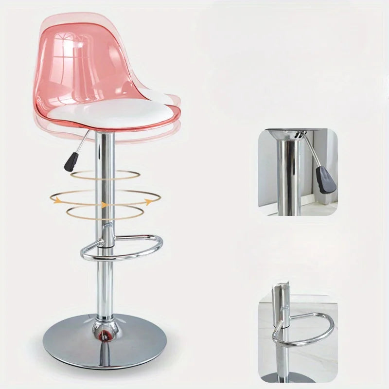 Taburete de Bar Moderno Ajustable con Respaldo Transparente Estructura Metálica Asiento Tapizado con Función de Elevación y Giro