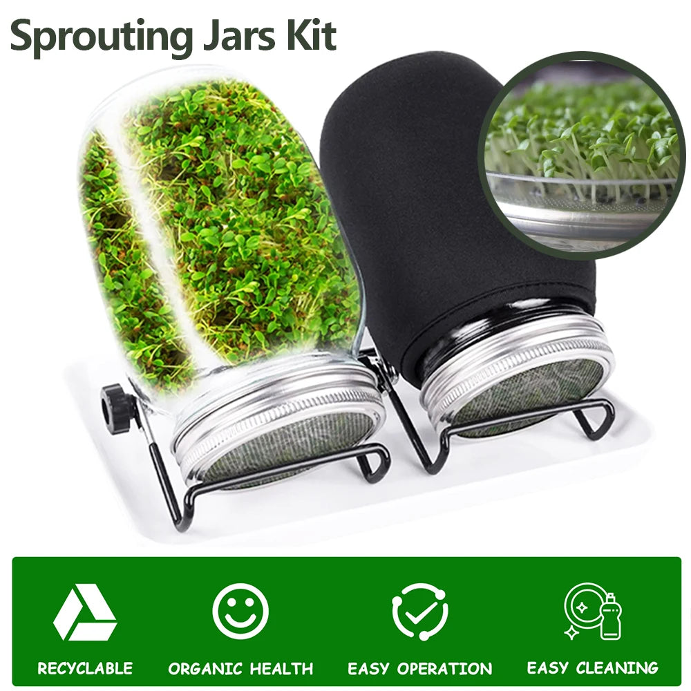 Kit de tarro para germinar semillas, kit duradero para cultivar brotes de frijol de vidrio con tapas de germinación de acero inoxidable, soportes y paños para sombrear