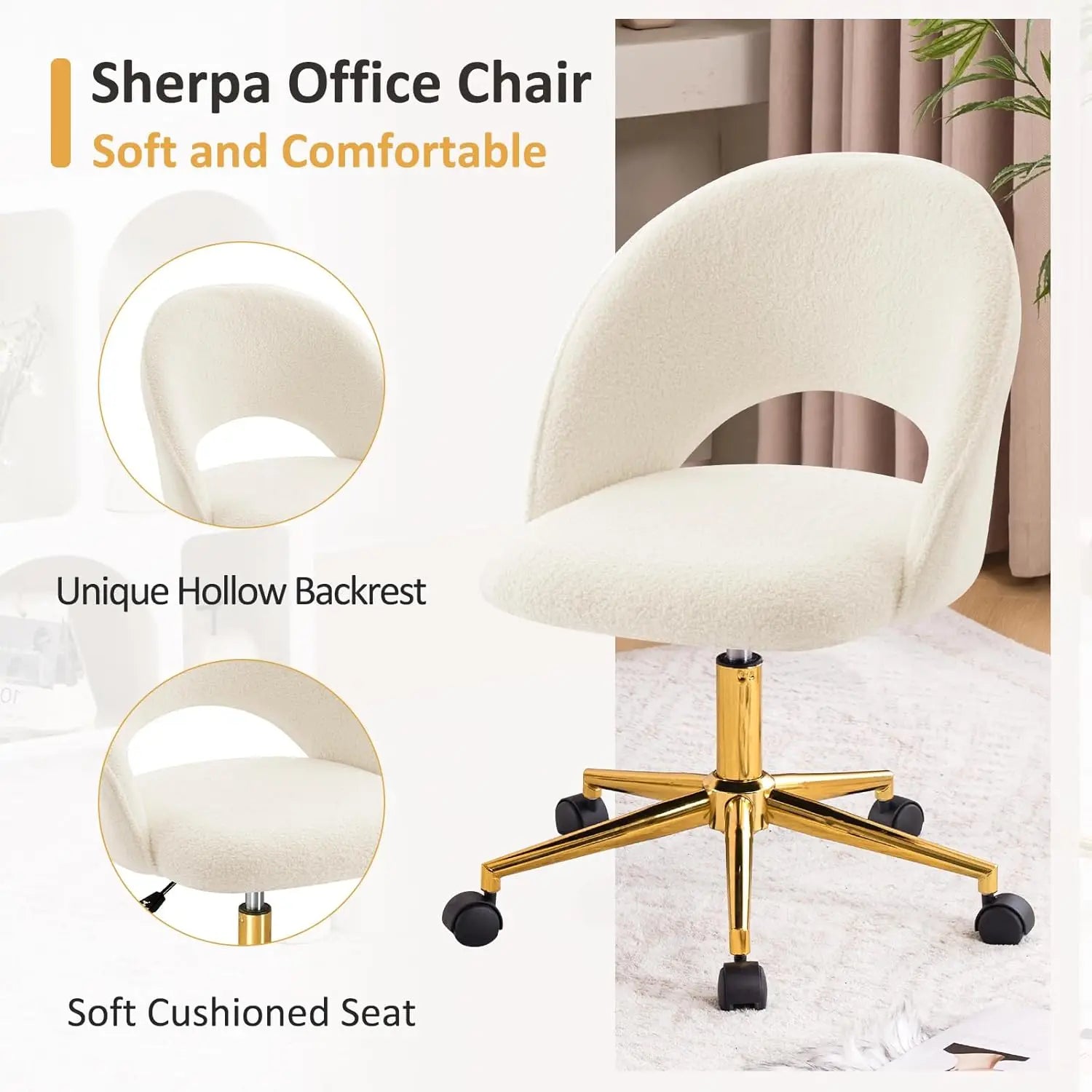 Silla de tocador con respaldo, bonita silla de escritorio con ruedas para niñas, silla decorativa tapizada sin brazos con altura de metal dorado