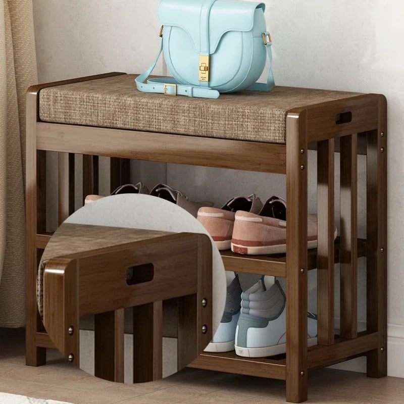 Taburete para cambio de zapatos, banco de entrada para el hogar, taburete de zapatos de madera maciza, zapatero de almacenamiento, banco simple, taburete de sofá con bolsa blanda