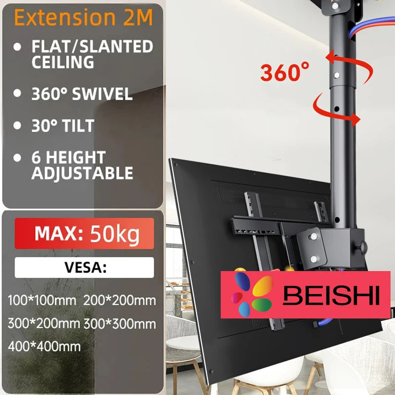 Soporte de techo ajustable para TV BEISHI compatible con la mayoría de pantallas planas LED, LCD y plasma de 26 a 65 pulgadas, hasta 110 libras, inclinación de 30°