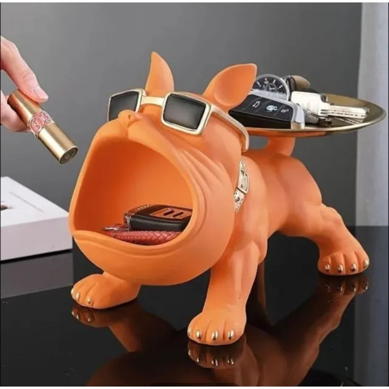 Set de decoración Bulldog Negro para almacenamiento 1 pieza - Elegante estatua de resina con gafas con montura dorada y esfera - Perfecto para el hogar