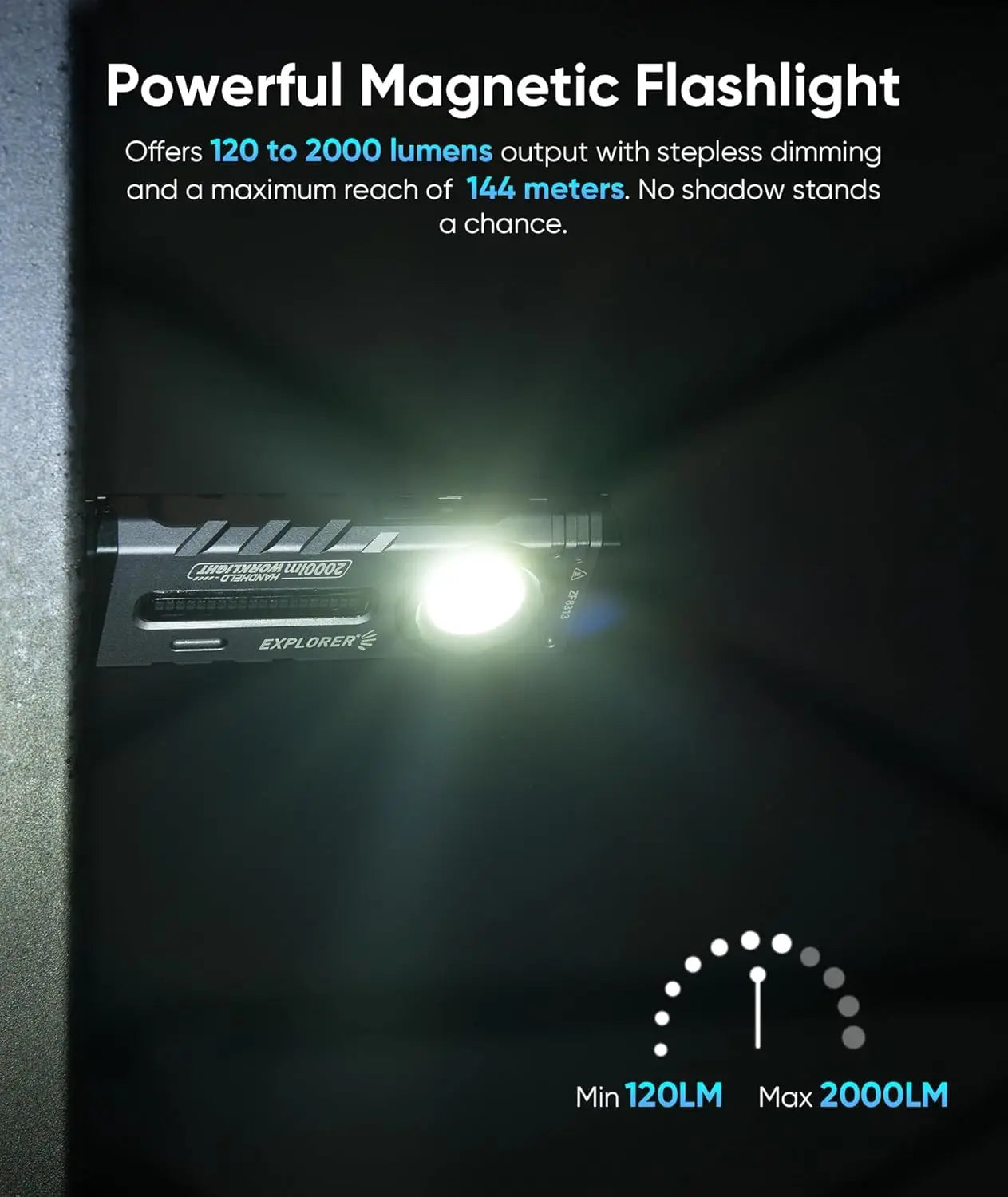 Linterna magnética recargable, 2000 lúmenes con luz RGB y UV para uso exterior