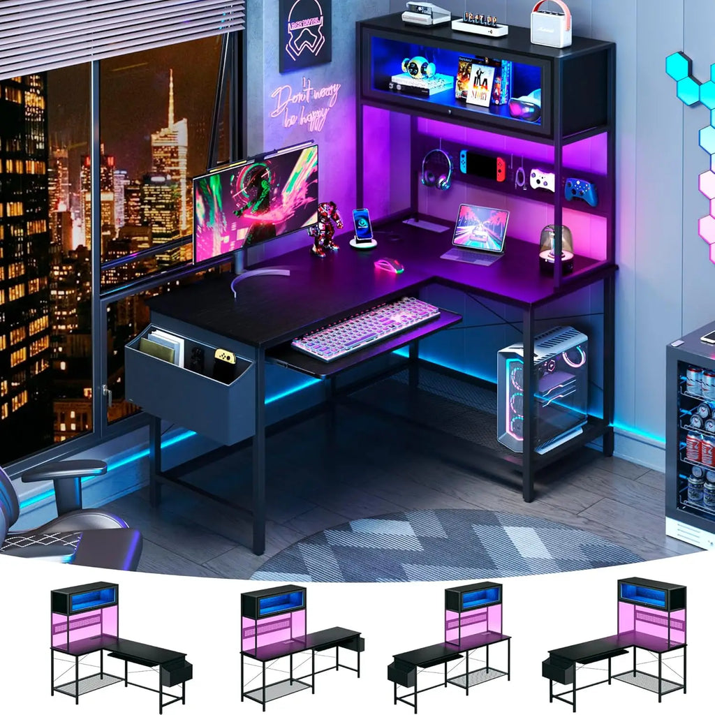 Escritorio para juegos en forma de L con tomas de corriente y luces LED, escritorio de computadora reversible de 49 pulgadas con estante superior, tablero perforado y vitrina