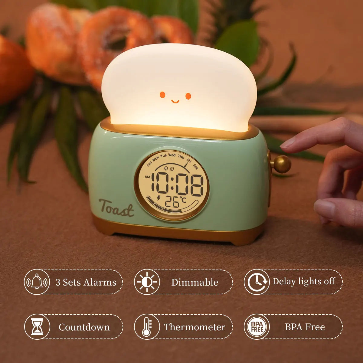 Despertador con Luz de Noche Tostadora, Despertador Infantil, Reloj Luminoso de Mesita de Noche, Lámpara de Noche Recargable para Dormitorio, Decoración, Regalo para Niños