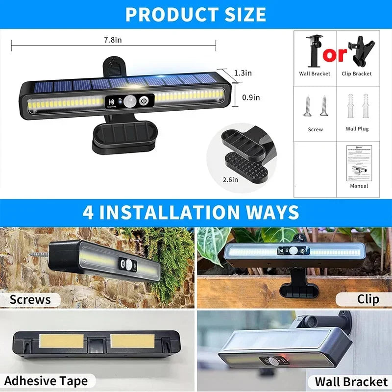 Luces solares con sensor de movimiento con clip para exterior, impermeables, luces solares para vallas exteriores con 36 LED, luz de seguridad portátil con energía solar