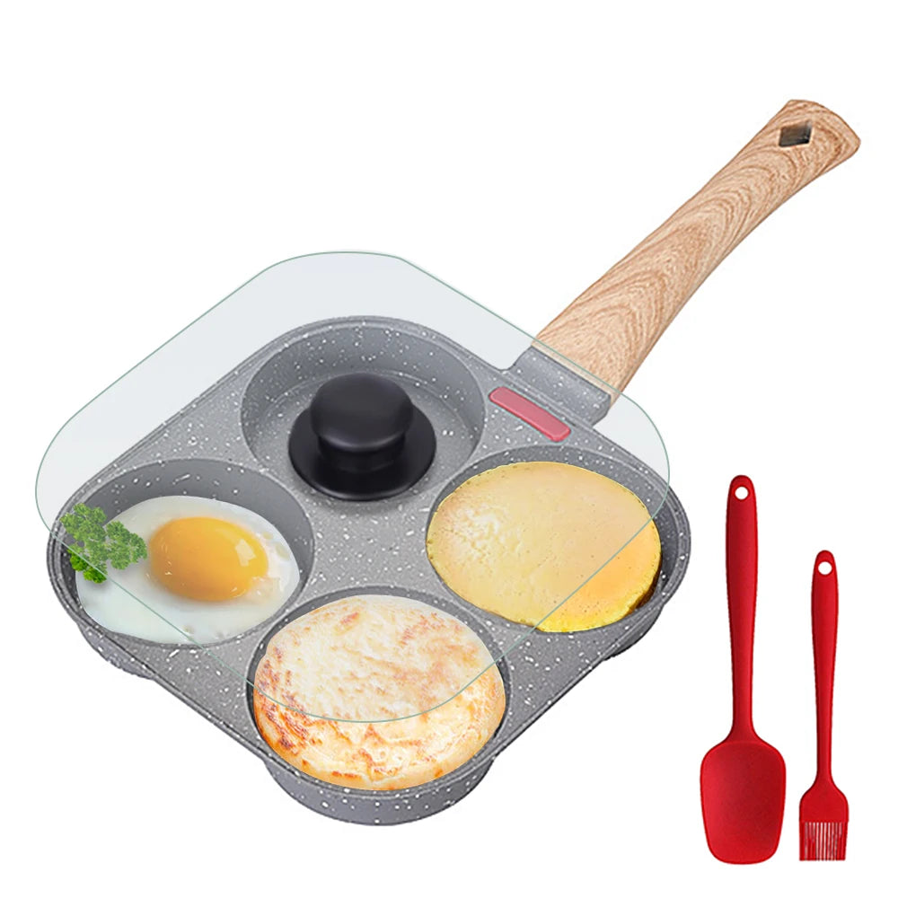 Sartén antiadherente de 4 cavidades para huevos con tapa abatible, panquequera/huevo de aluminio con espátula y brocha, sartén para cocinar hamburguesas y tortillas
