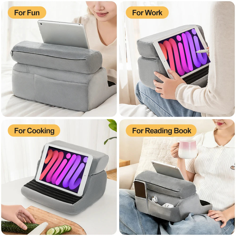 Soporte de almohada multiusos para tableta, 4 ángulos para una lectura y visualización cómoda de la tableta del teléfono móvil, soporte de lectura plegable