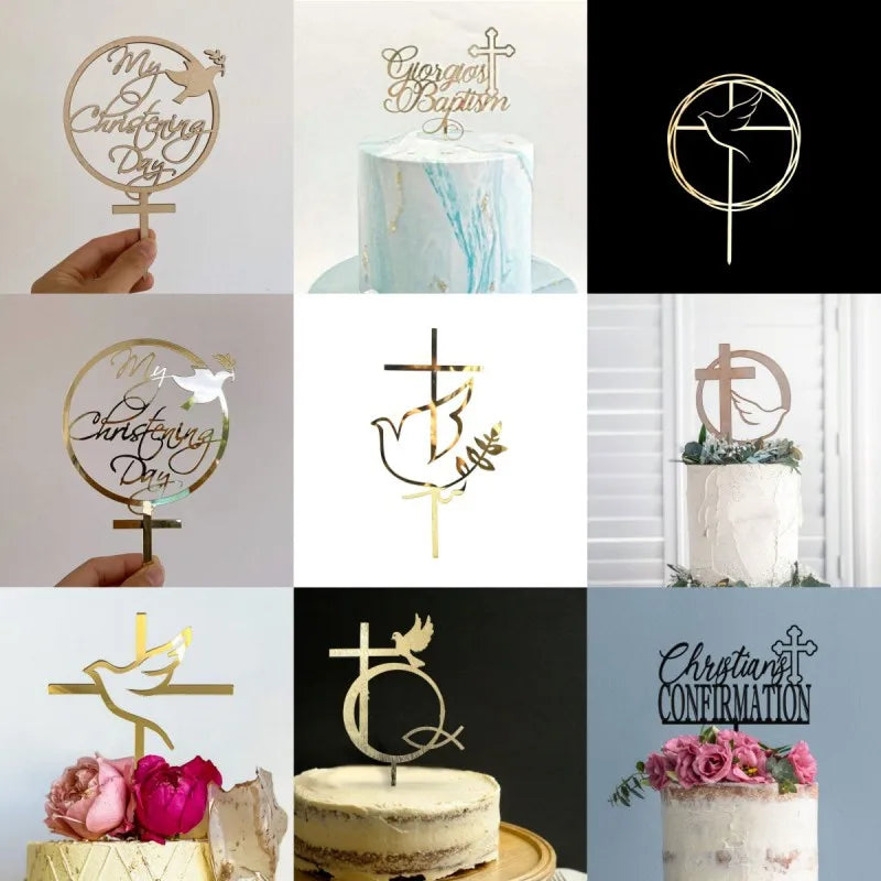 2025 Cristo Cruz Tarta de Cumpleaños Topper Acrílico Dorado Paloma Cruz Eucaristía Fiesta de Bautismo Comunión Topper de Pastel de Bautismo Decoración