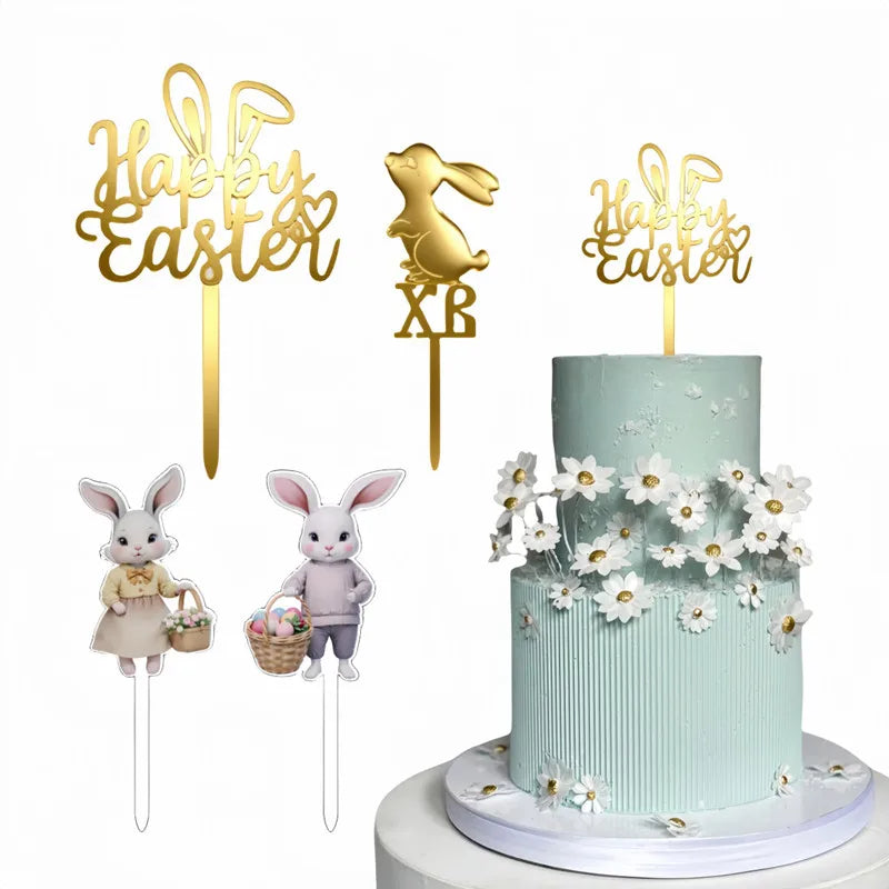 Colored Rabbit Easter Happy Cake Topper Dessert Decorations Gold Acrylic Kids Party Festival Cake Toppers Easter Baking Supplies