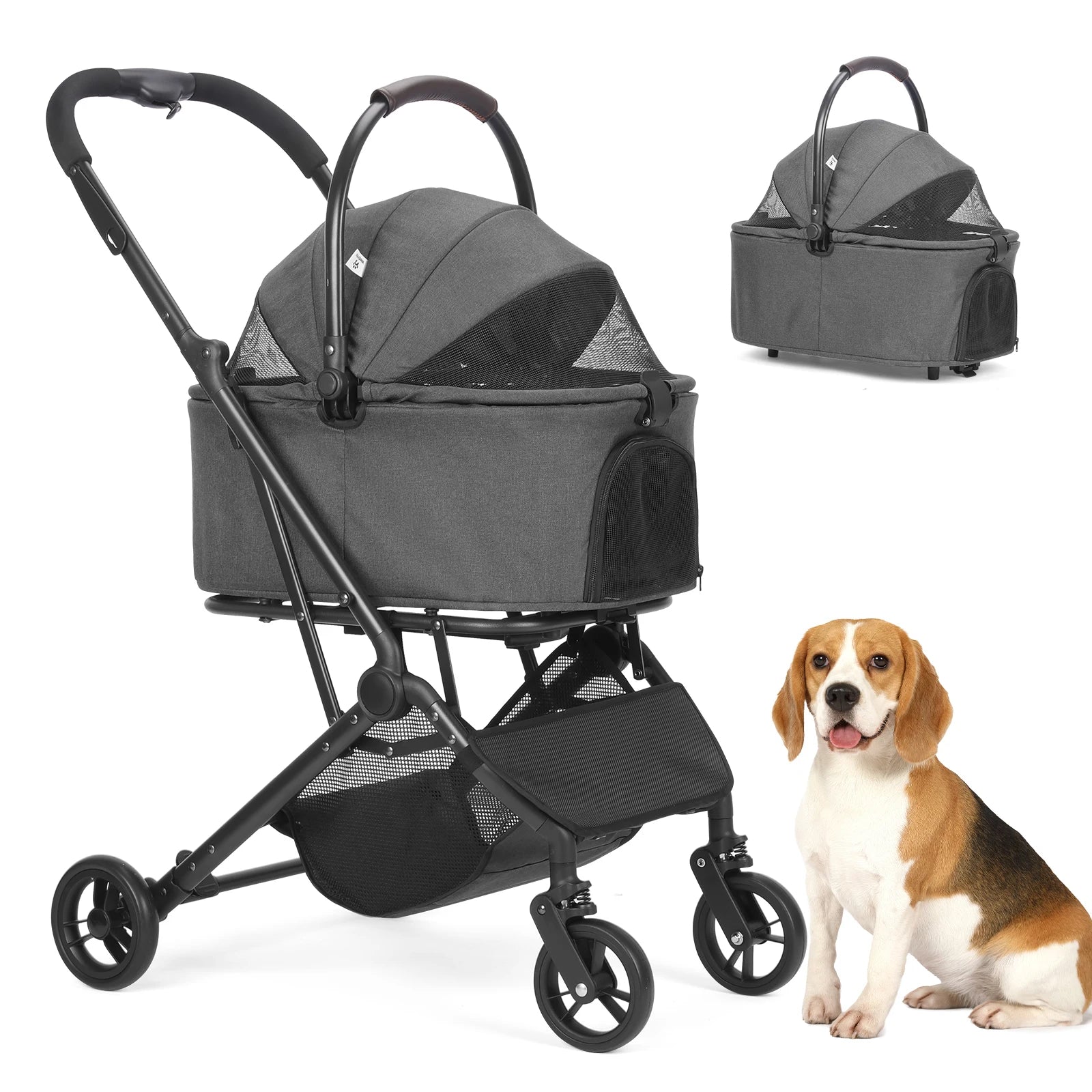 Cochecito de perro 3 en 1, con marco mejorado, cochecito para mascotas de hasta 20 kg con bolsas y dispensador de excrementos para perros, entrada sin cremallera, cesta de almacenamiento y