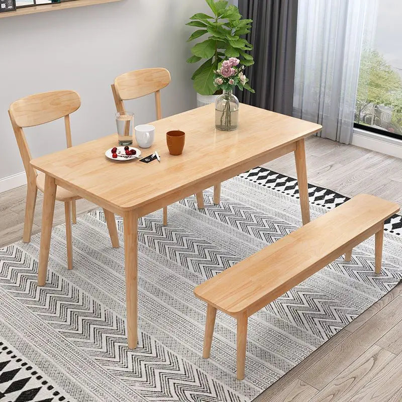 Juego de Mesa de Comedor Nórdica de Madera Maciza con 4 o 6 Sillas, Rectangular, Acabado de Madera Natural, Muebles para Apartamentos Pequeños, Cocinas y Comedores