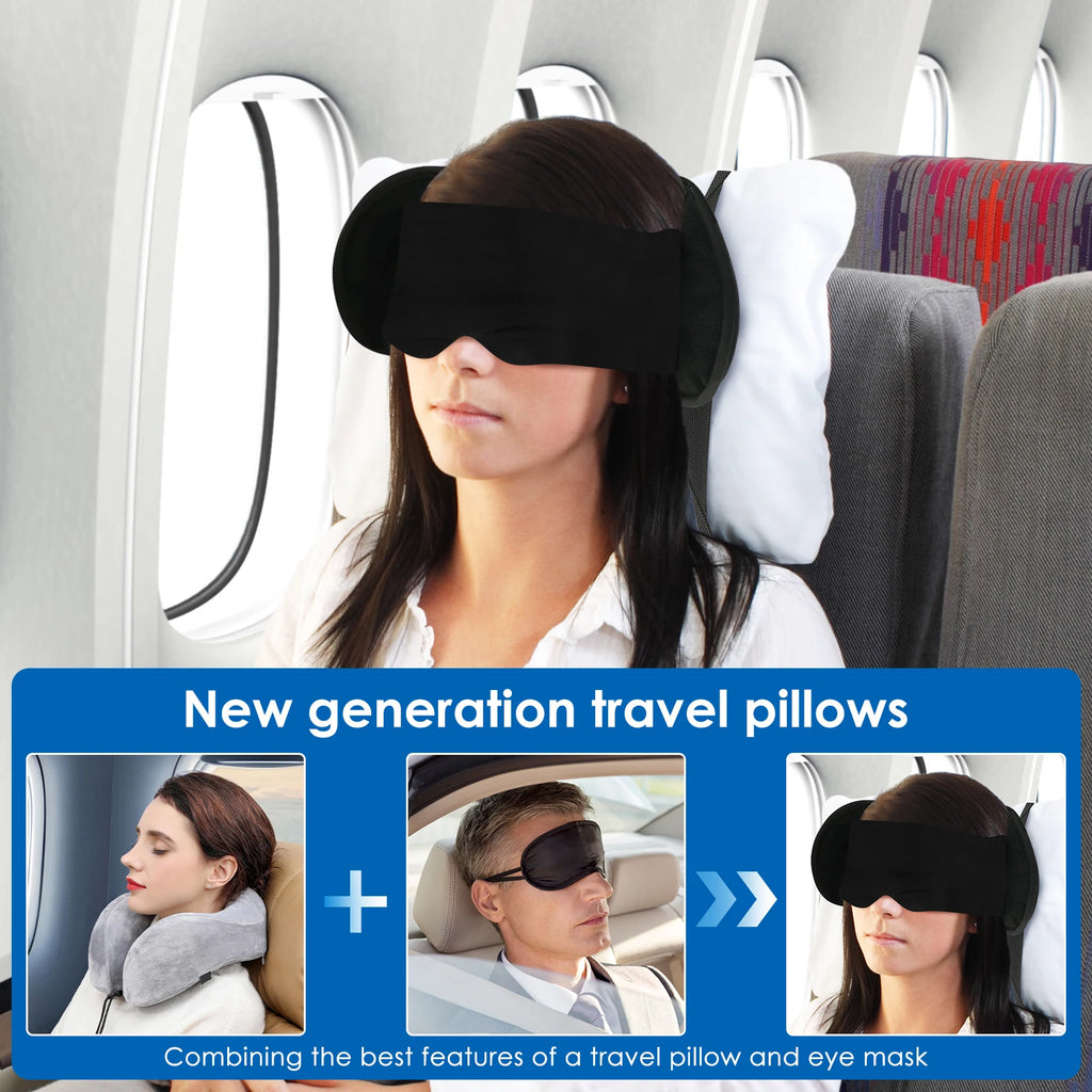 Almohada de viaje 2 en 1 de algodón, cómoda para el cuello y la cabeza, con antifaz y bolsa de almacenamiento. Almohada de avión con soporte de 360° para viajar.