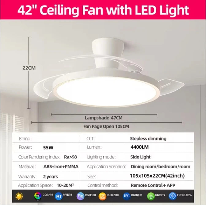 Ventilador de techo LED invisible moderno con luz, gran volumen de aire, 3 aspas plegables para dormitorio, comedor, ventilador eléctrico AC220V