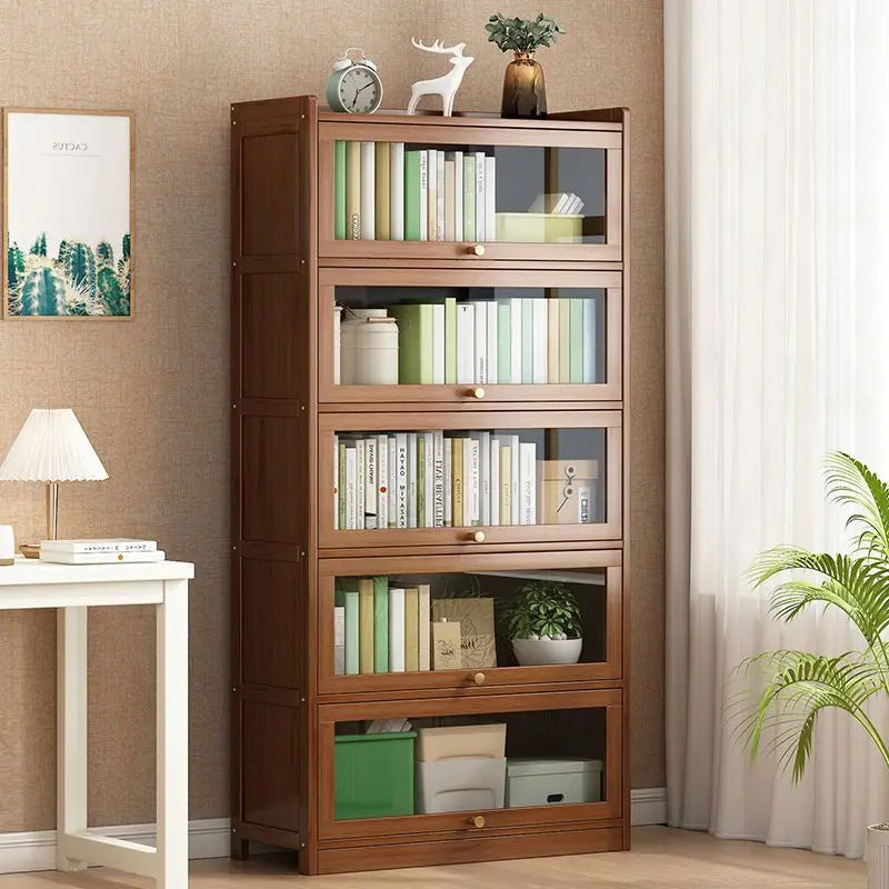 Estantería moderna de bambú con puertas abatibles, estantería de 4/5/6 niveles para sala de estar, dormitorio u oficina