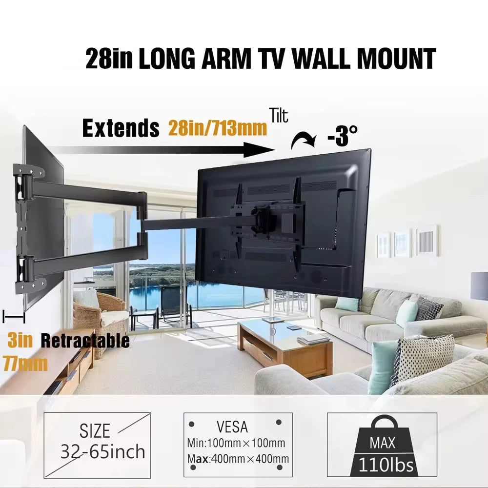 Soporte de pared para TV de brazo largo extensible de 70 cm, soporte de pared para TV de movimiento completo de 32 a 65 pulgadas con giro, inclinación y nivelación, VESA máximo de 400x400 mm