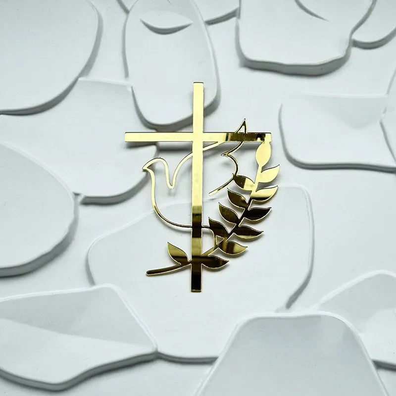 Ins Cross Christ Birthday Cake Topper Gold Acrylic Dove Cross for Eucharist Baby Baptism Party Cake Toppers Dessert Decoration