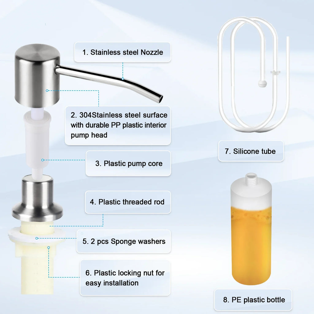 Dispensador de jabón de cabeza de prensa de acero inoxidable para fregadero de cocina Kit de tubo de extensión del dispensador de jabón Bomba dispensadora de jabón bajo el fregadero