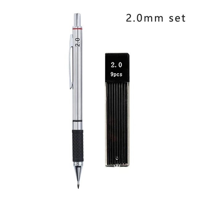 Juego de portaminas metálicos con empuñadura, minas, suministros de oficina para estudiantes, dibujo artístico, portaminas automático de 0.5/0.7/0.9/2.0 mm
