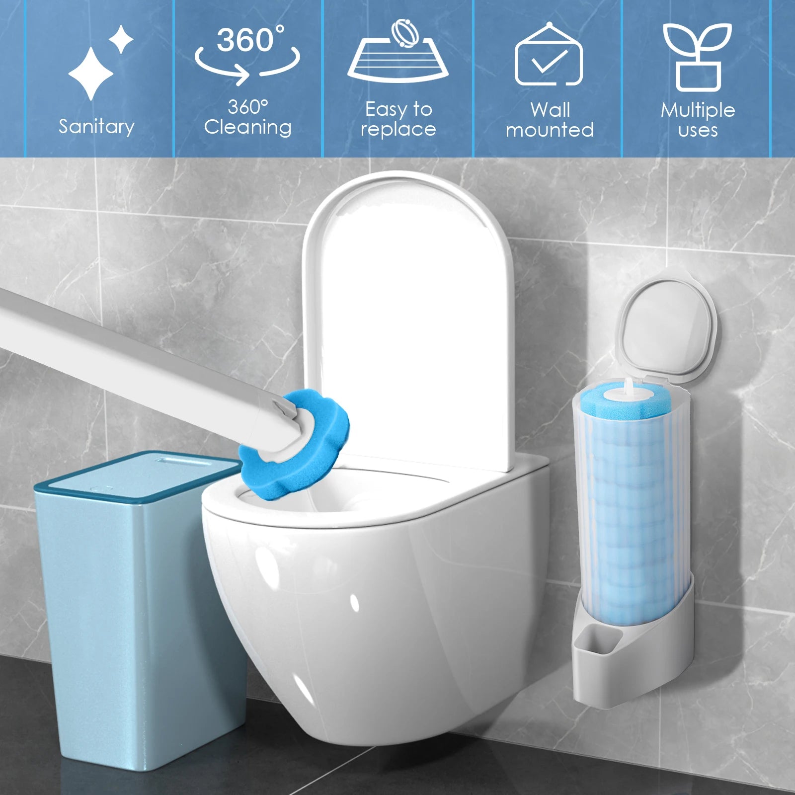 Kit de varita para inodoro, juego de escobilla de baño montado en la pared con 24 cabezales de repuesto, herramienta de limpieza efectiva para el baño 360° para el hogar