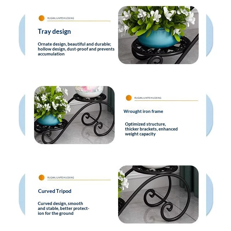 Estante para plantas de hierro de dos niveles, soporte de suelo para balcón, estantería minimalista para macetas de interior, estante para plantas colgantes