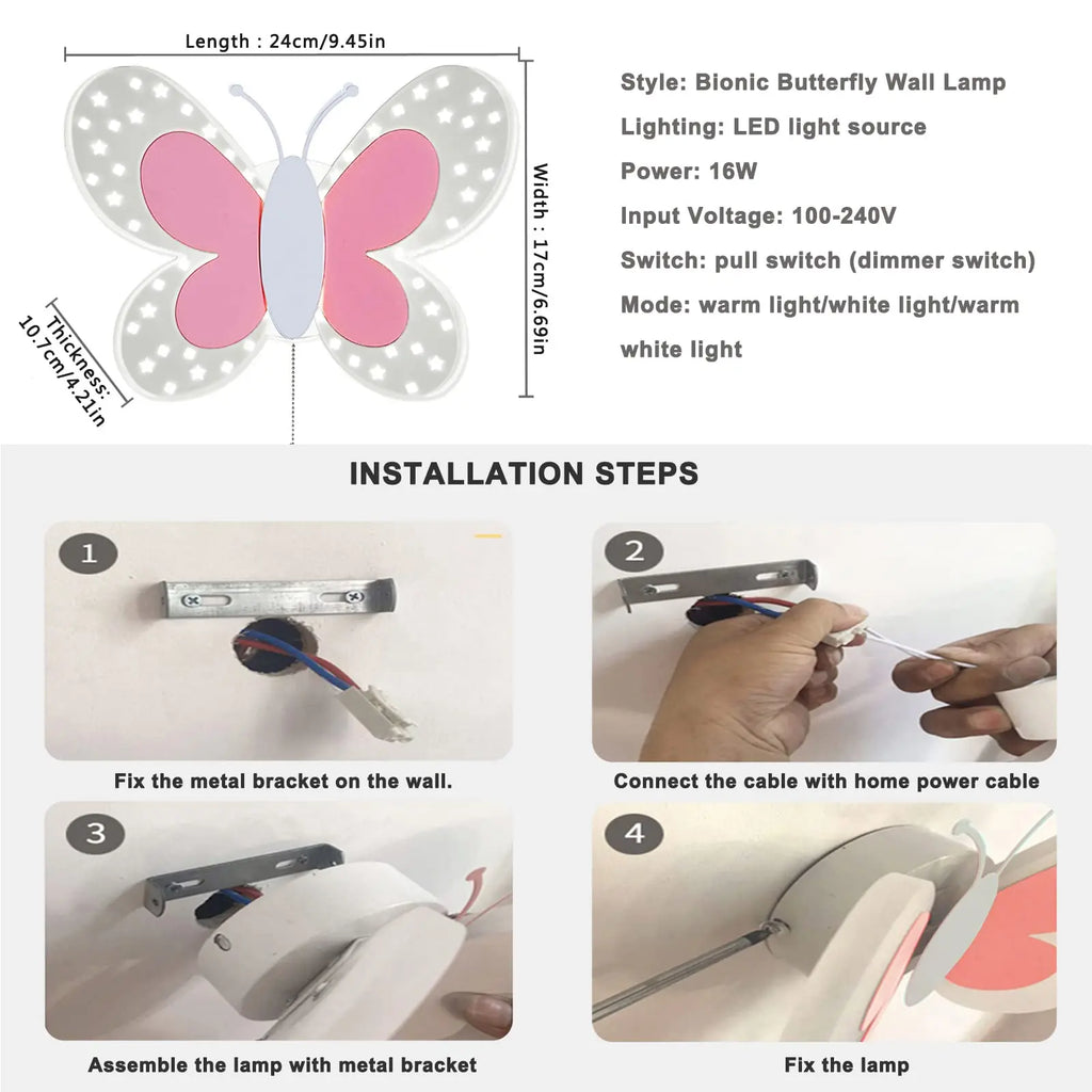 Lámpara de pared mariposa creativa para habitación infantil, apliques de pared rosa con interruptor de cordón, luces decorativas para mesita de noche, pasillo interior