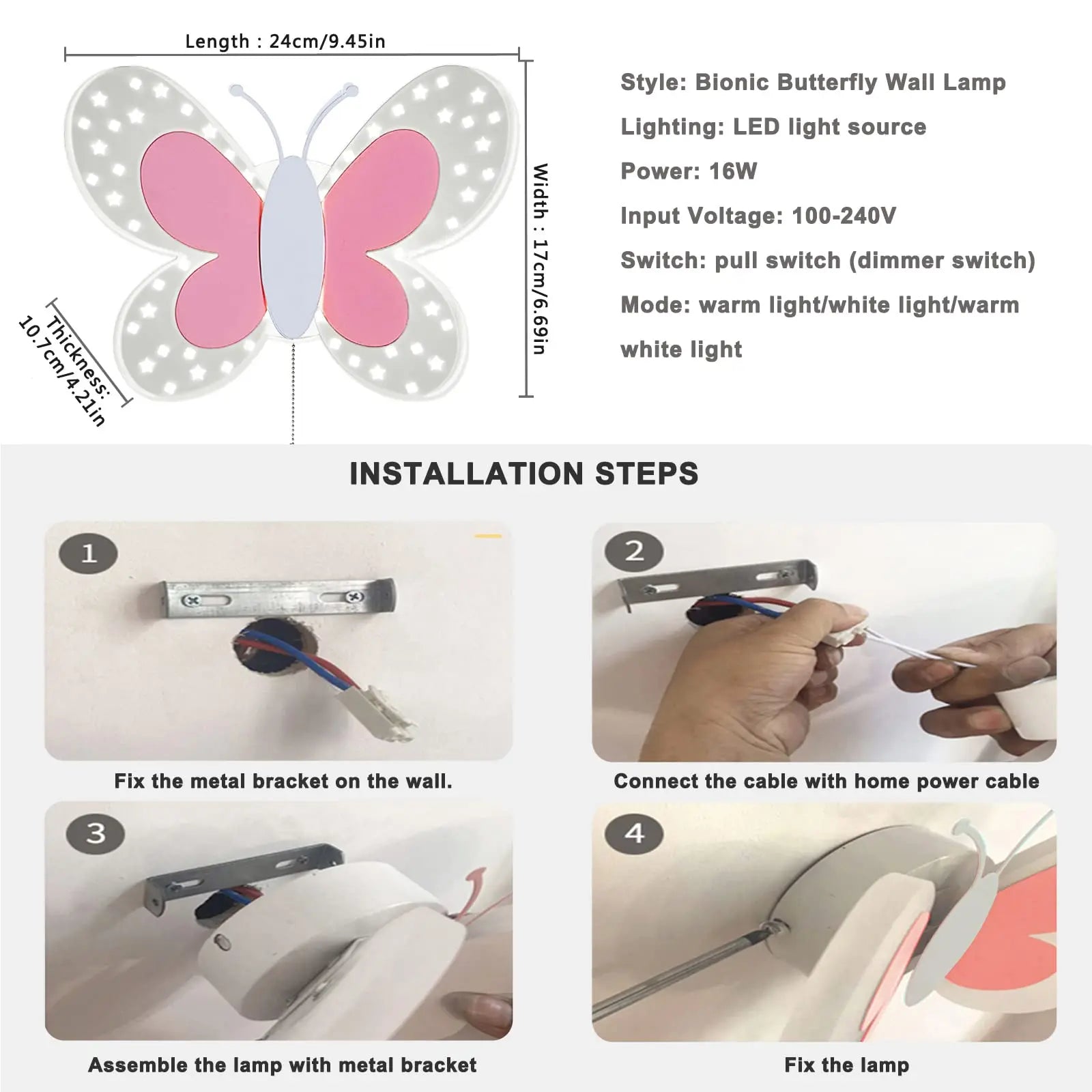 Lámpara de pared mariposa creativa para habitación infantil, apliques de pared rosa con interruptor de cordón, luces decorativas para mesita de noche, pasillo interior