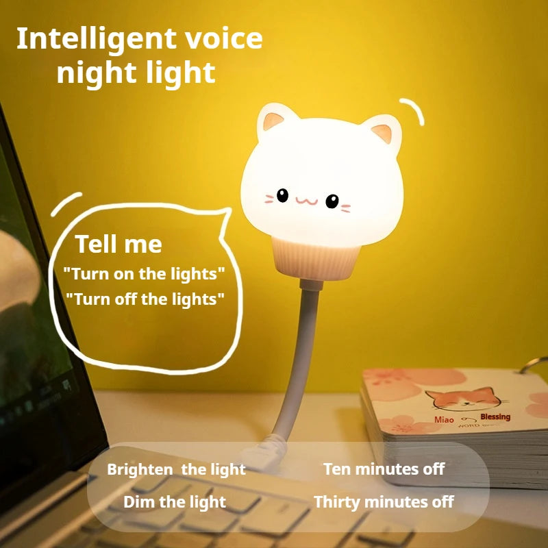 USB Luz de noche LED con control de voz, linda lámpara de noche de dibujos animados de oso, gatito con control remoto para decoración de dormitorio de bebé, lámpara de mesita de noche