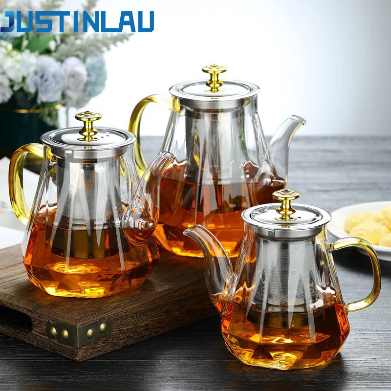 JUSTINLAU Tetera de vidrio resistente al calor, borosilicato transparente, teteras con infusor de acero inoxidable extraíble, juego de utensilios para té