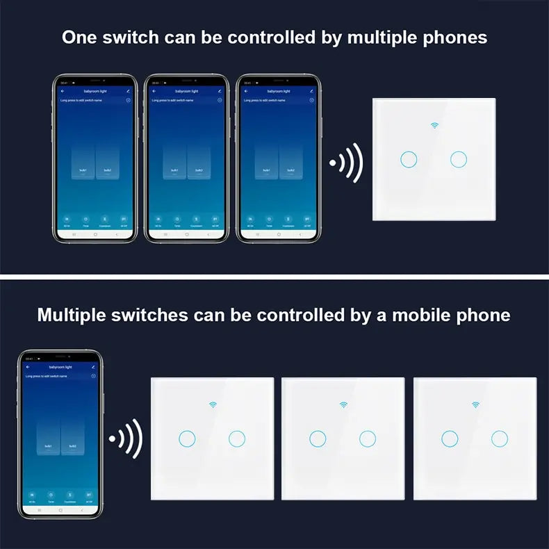 Funciona con interruptor inteligente Tuya WiFi. Funciona con Alexa con/sin cable neutro. Interruptor sensor táctil de pared RF433 inalámbrico.
