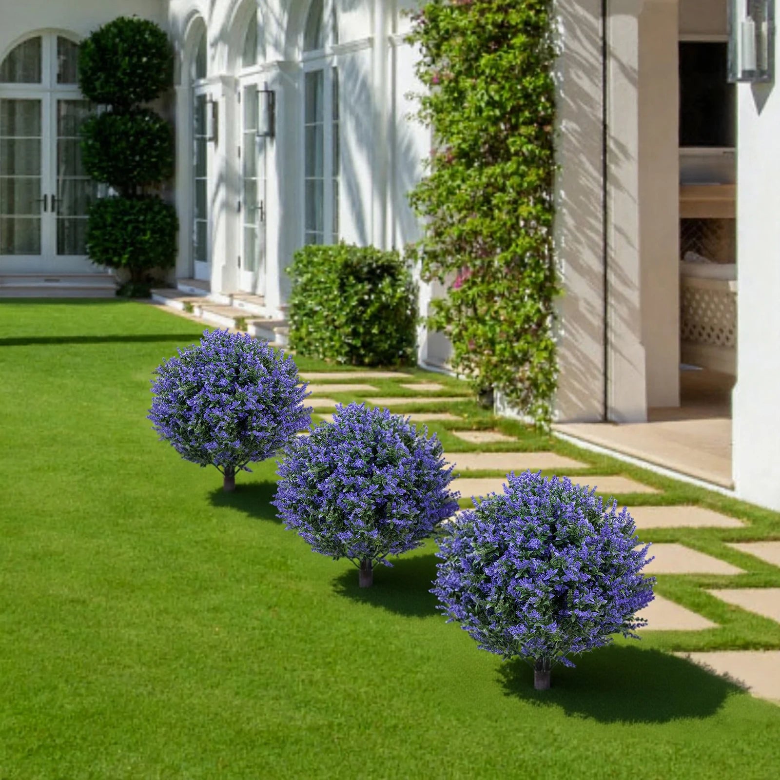 2 Piezas de Arbustos Artificiales de Roble Violeta en Forma de Bola con Copa, Resistentes a los Rayos UV, Plantas Ornamentales para la Decoración de Jardines, Terrazas y Balcones