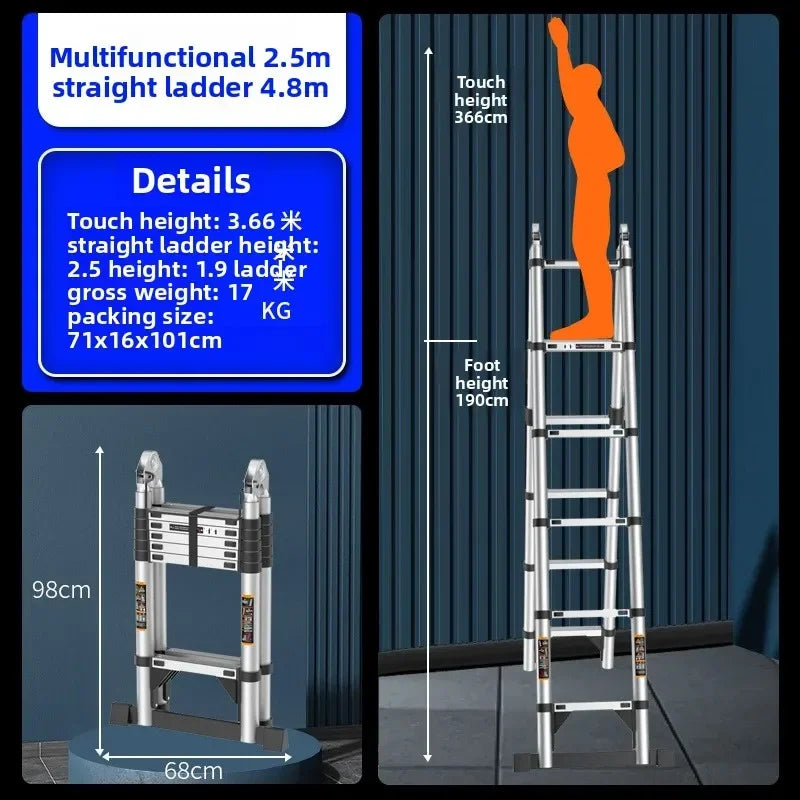 Escalera telescópica de acero inoxidable engrosada, escalera recta plegable tipo espiga, escalera portátil para el hogar