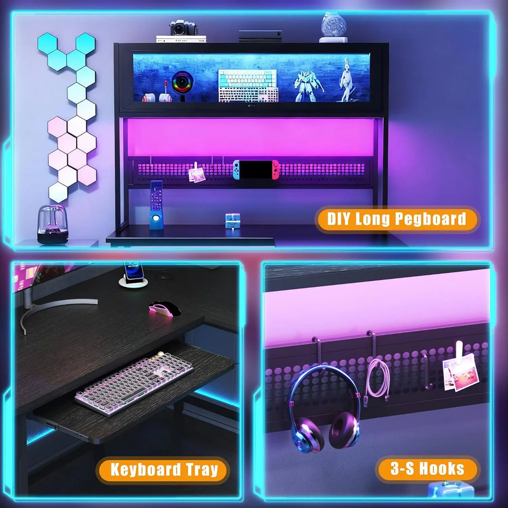 Escritorio para juegos en forma de L con tomas de corriente y luces LED, escritorio de computadora reversible de 49 pulgadas con estante superior, tablero perforado y vitrina