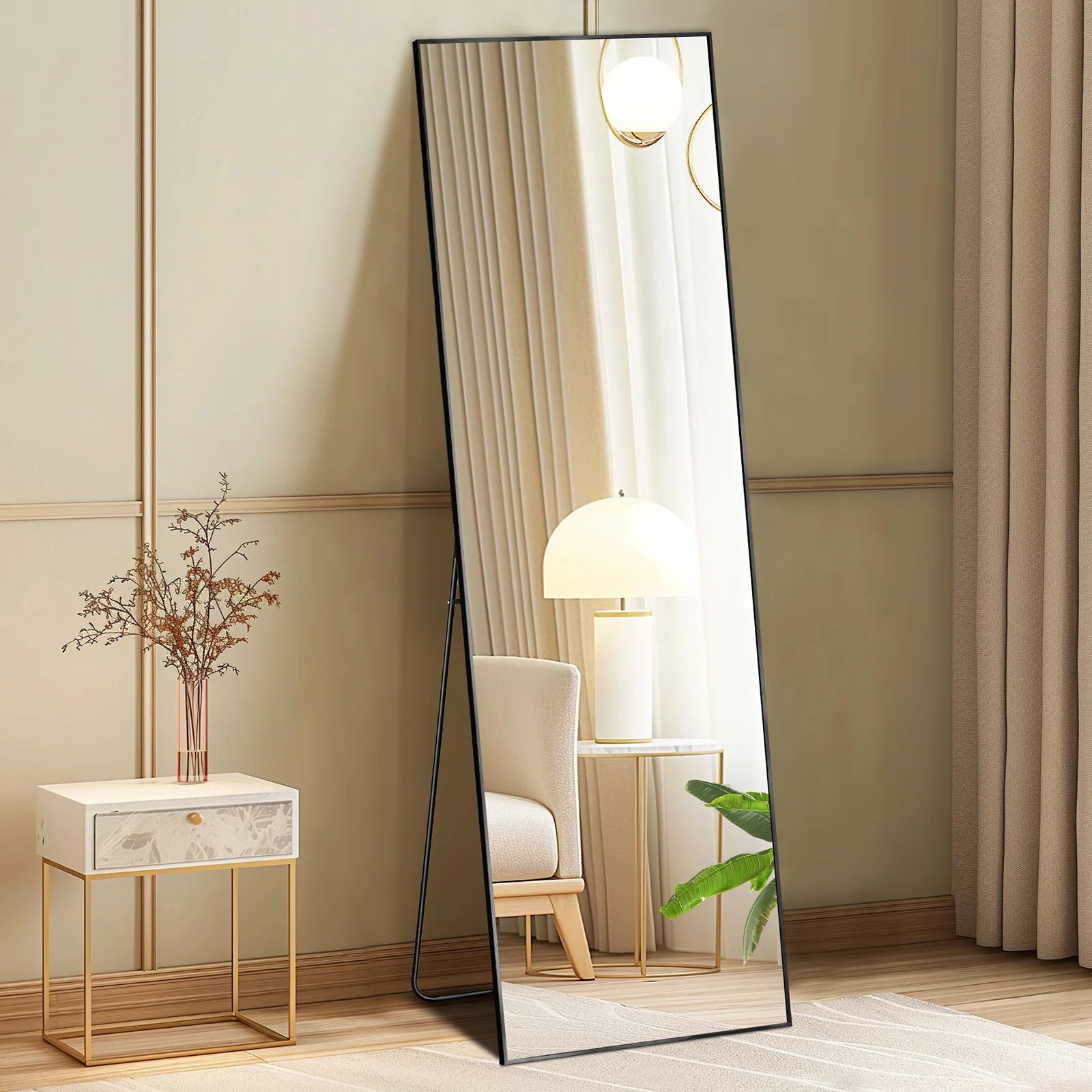 JHK Espejo de cuerpo entero de 64"x21" para pared, de pie, colgante o reclinable con marco de aleación de aluminio para sala de estar