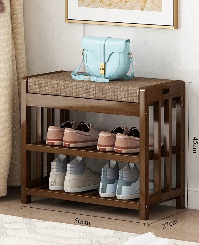 Taburete para cambio de zapatos, banco de entrada para el hogar, taburete de zapatos de madera maciza, zapatero de almacenamiento, banco simple, taburete de sofá con bolsa blanda