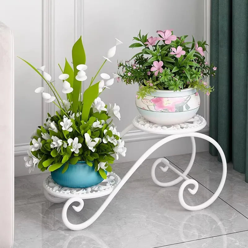 Estante para plantas de hierro de dos niveles, soporte de suelo para balcón, estantería minimalista para macetas de interior, estante para plantas colgantes