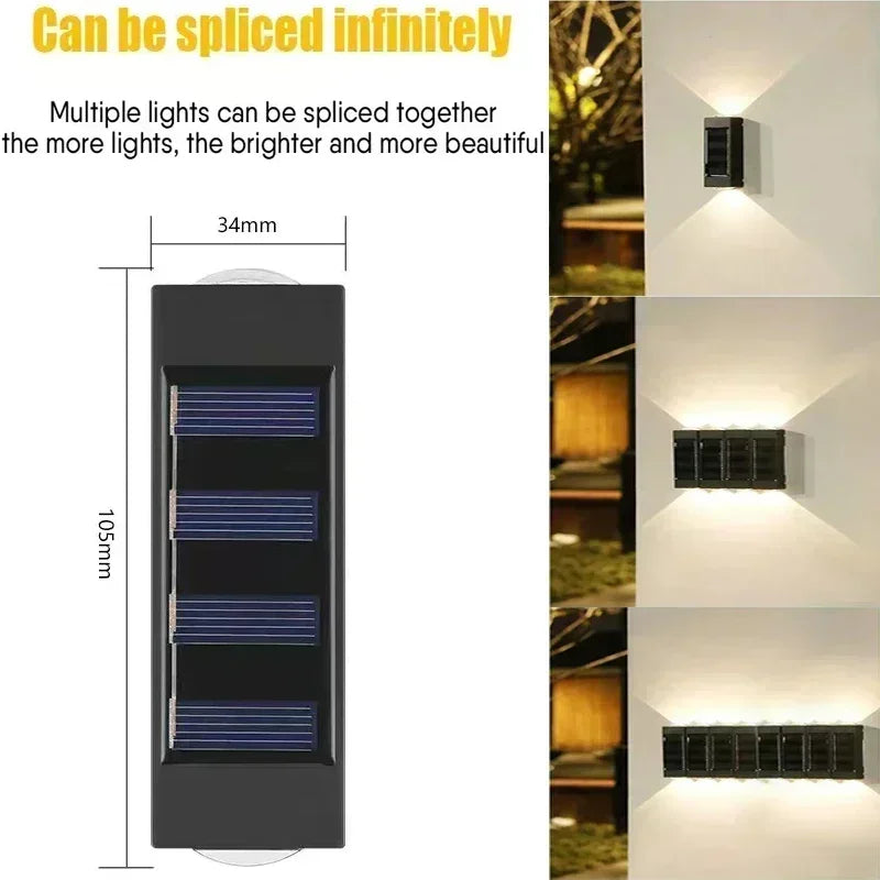 Luces solares de pared para exterior cálidas/blancas, lámpara solar de pared para porche con iluminación superior e inferior para jardín, calle, paisaje, balcón, patio