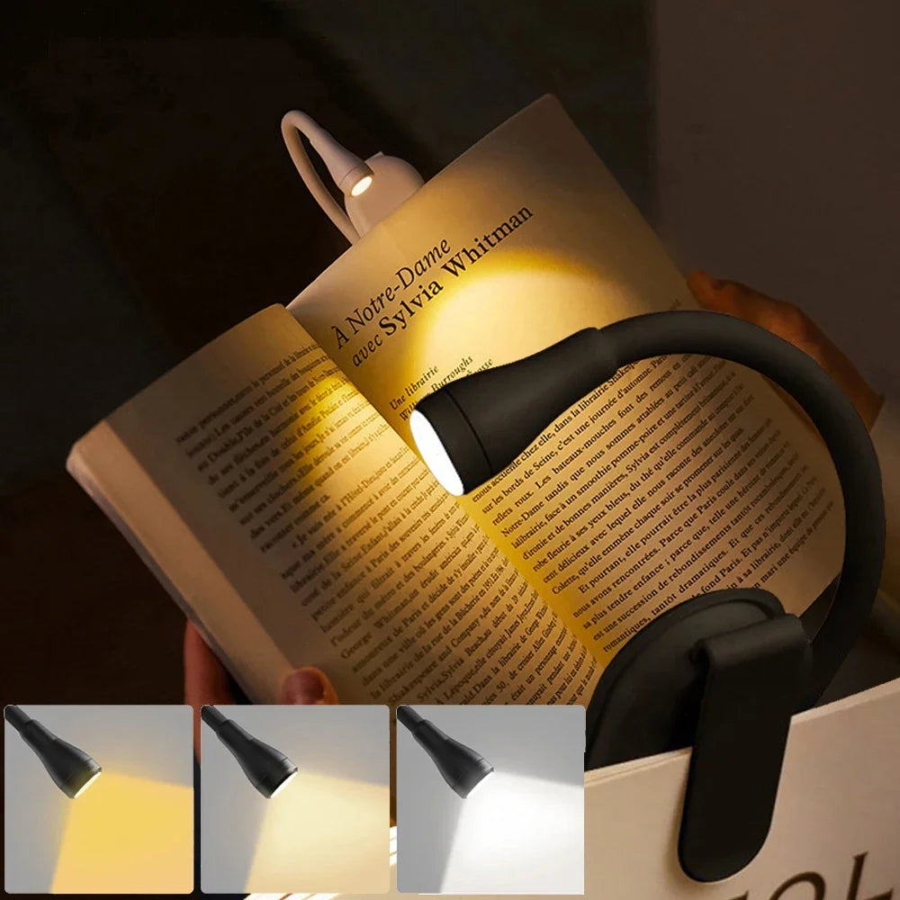 Mini lámpara de lectura LED de 3 colores con protección ocular, clip ajustable, giro de 360°, recargable, para viajes, dormitorio, lectura