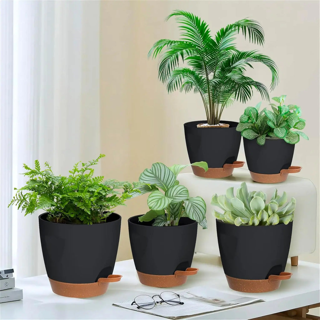 Paquete de 5 macetas de autorriego con drenaje, de 7/6.5/6/5.5/5 pulgadas, macetas de plástico para interior y exterior para suculentas y hierbas