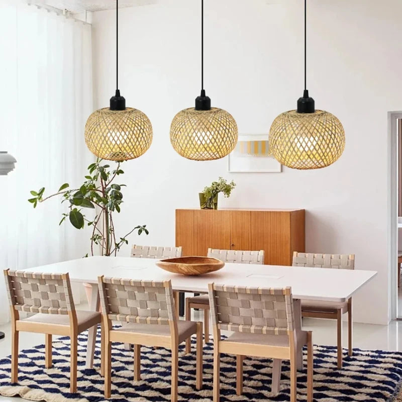 Lámpara colgante de bambú retro, araña tejida, lámpara colgante de ratán hecha a mano, accesorio de iluminación interior para restaurante y comedor