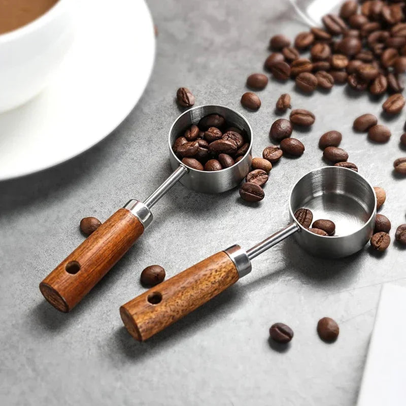 Cuchara medidora de acero inoxidable de 15 ml, cuchara de café con mango de madera para azúcar, polvo, granos de café, utensilios de cocina.