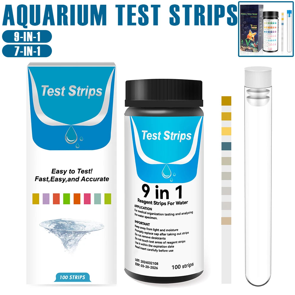 100 tiras reactivas para acuario 9 en 1/7 en 1, kit de prueba rápida y precisa para pecera con tubo de ensayo, monitor de calidad del agua, tiras de prueba de pH