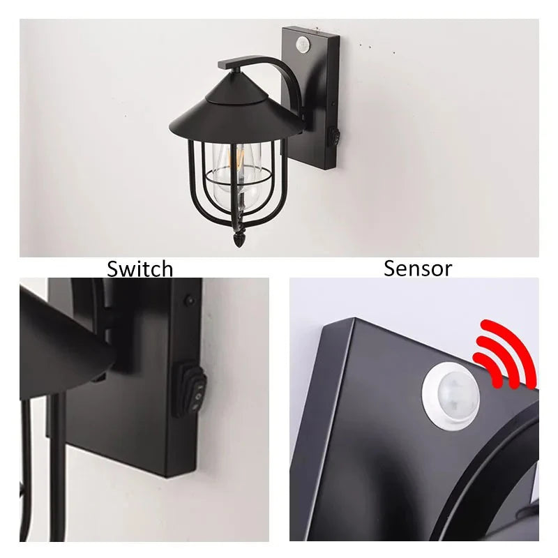 Iron Vintage Outdoor Wall Lamps E27 Base Waterproof Motion Sensor Wall Sconces Porch Yard Garden Rustic Decor Lighting