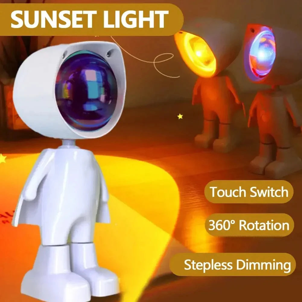 Lámpara de mesa con proyección de arcoíris de robot astronauta recargable Lámpara de sol Lámpara de atardecer con atenuación infinita Luz de ambiente para dormitorio